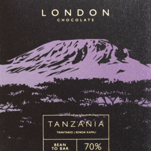 Front packaging of London Chocolate 70% Tanzania with black background and image of mountains in purple